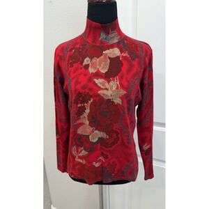 Vintage Bottega Red Floral print mock t-neck Sweater Made in Italy M Dry Cleaned